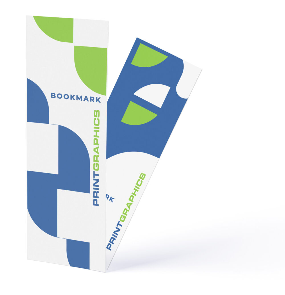 Custom printed bookmarks by PGI Printing, featuring modern blue, green, and white geometric design with “Print Graphics” branding.
