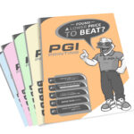 Stack of black-and-white printed flyers on light blue paper by PGI Printing, featuring cartoon mascot and “Found a Lower Price to Beat?” promotion.