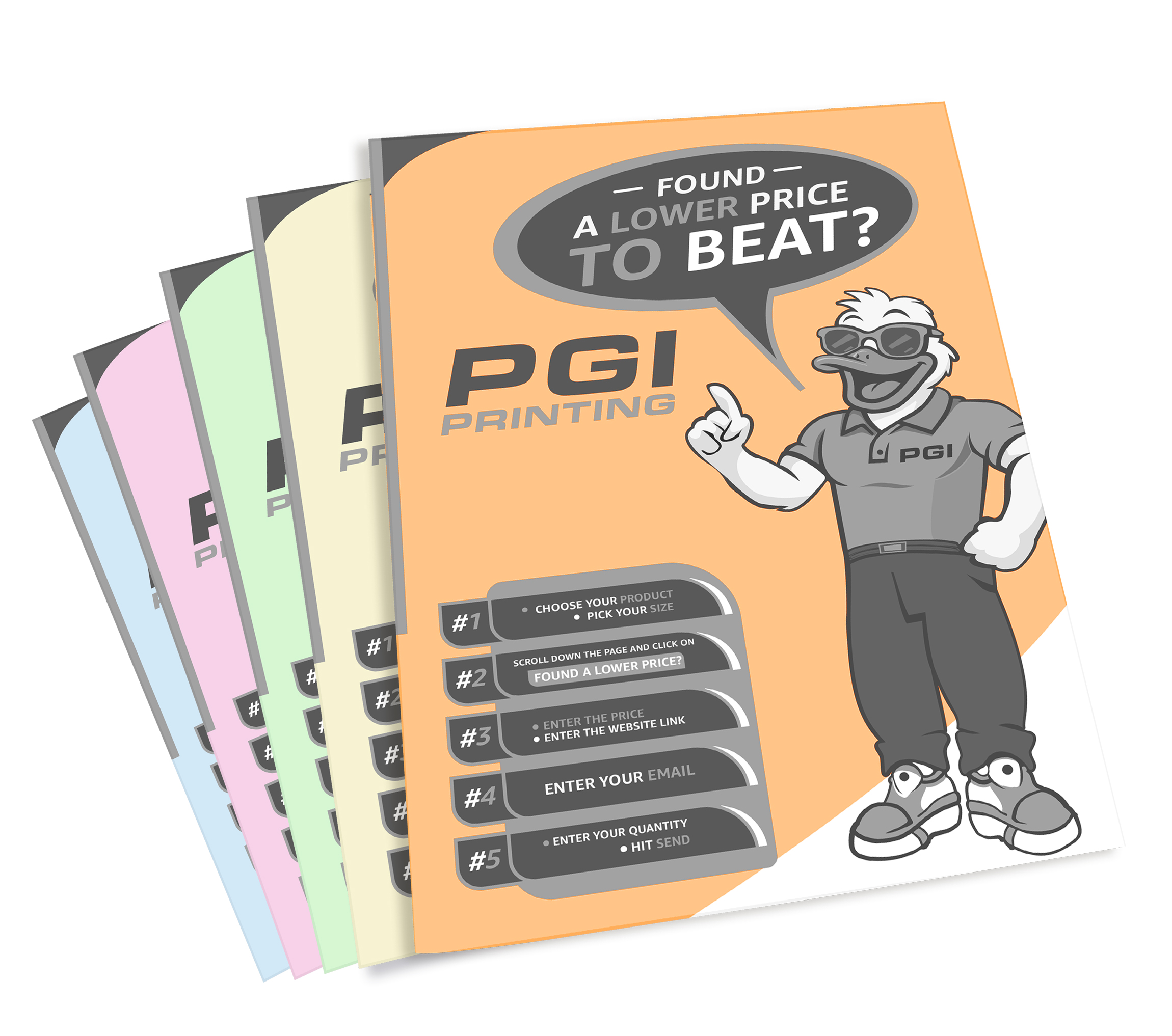 Stack of black-and-white printed flyers on light blue paper by PGI Printing, featuring cartoon mascot and “Found a Lower Price to Beat?” promotion.