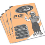 Stack of black-and-white printed flyers on light blue paper by PGI Printing, featuring cartoon mascot and “Found a Lower Price to Beat?” promotion.