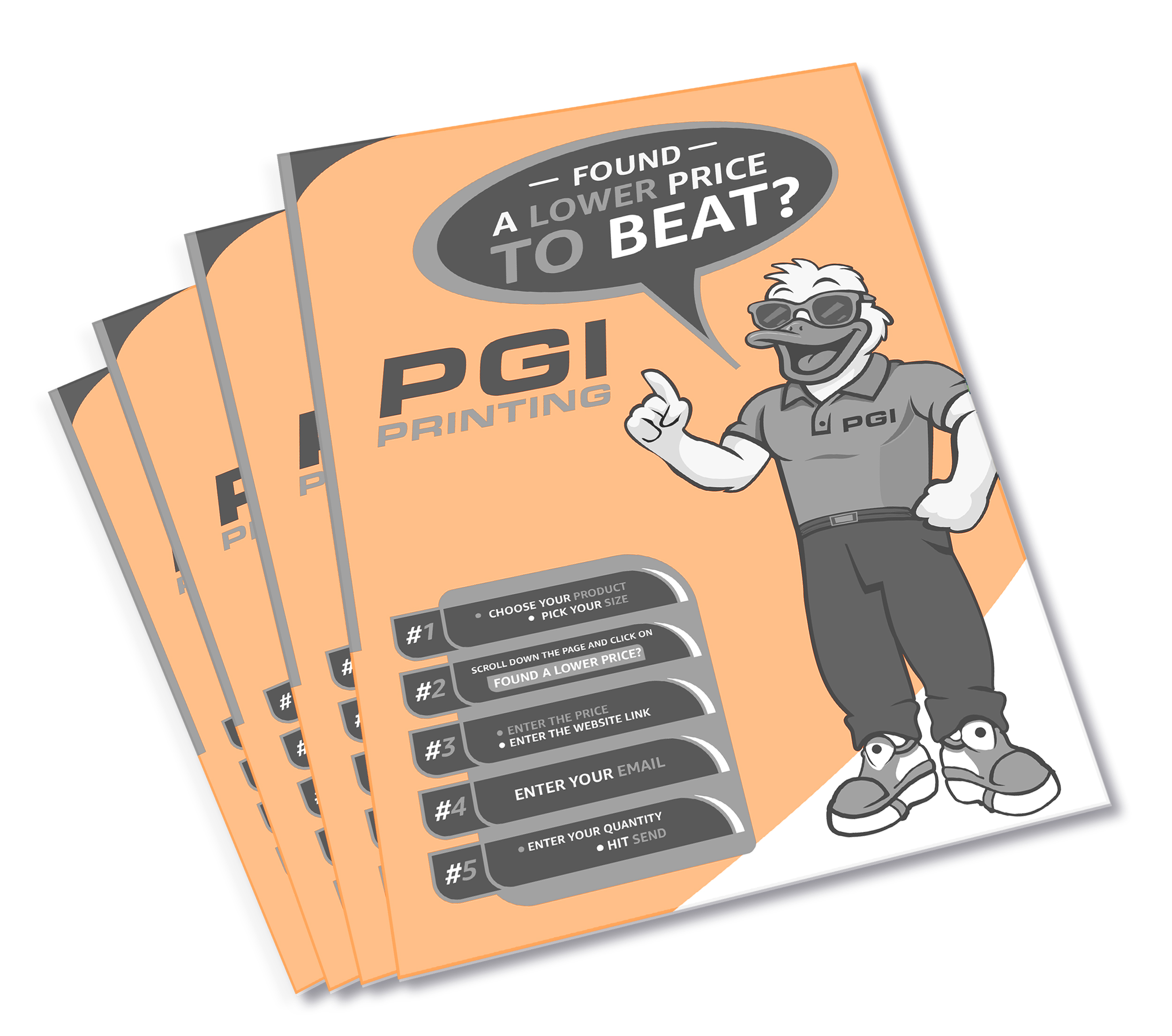 Stack of black-and-white printed flyers on light blue paper by PGI Printing, featuring cartoon mascot and “Found a Lower Price to Beat?” promotion.