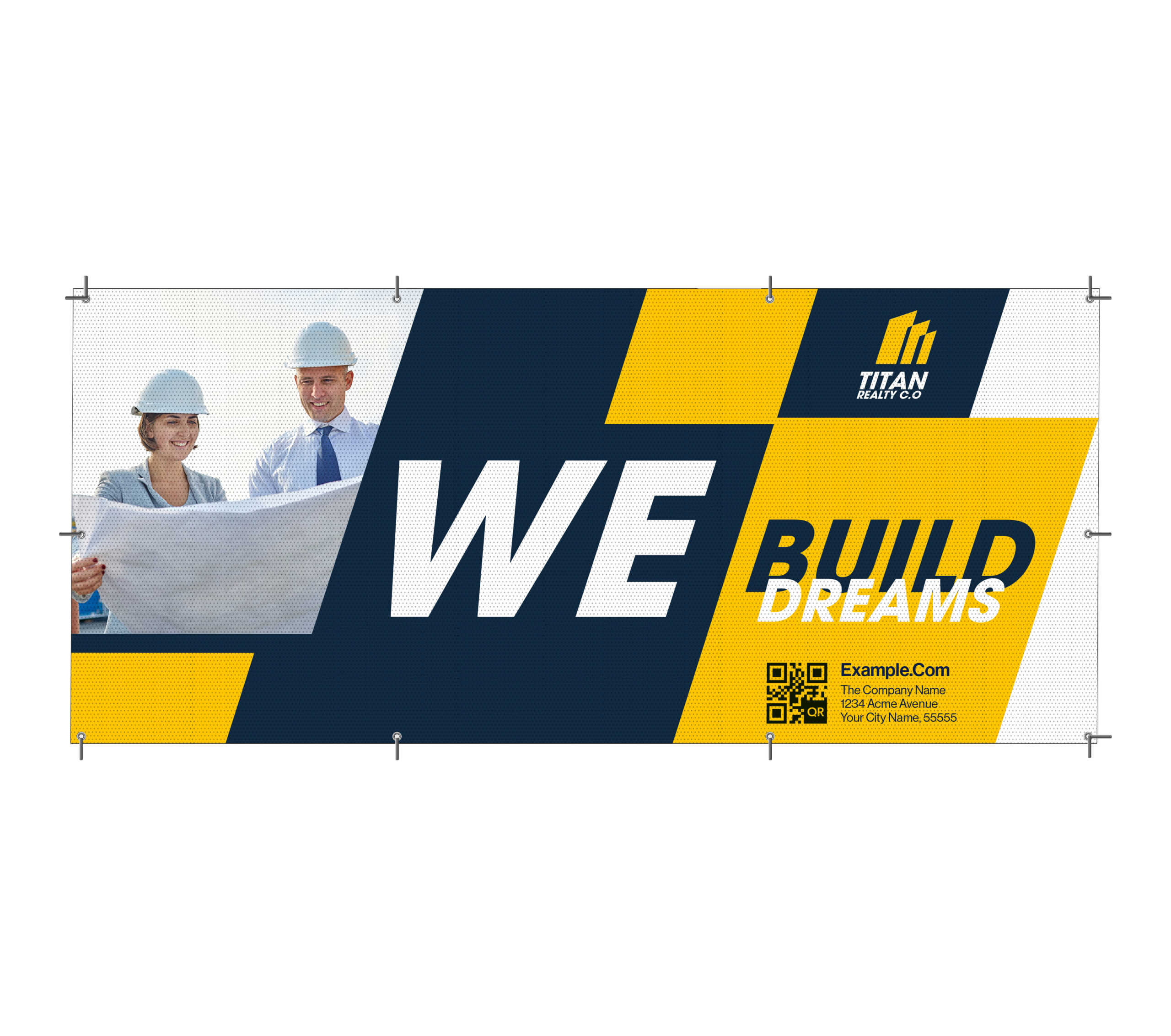 Large-format mesh banner printed by PGI Printing, showing two professionals in hard hats reviewing plans, with bold text “WE BUILD DREAMS” and blue-and-yellow corporate branding.