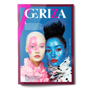 High-quality printed fashion magazine cover by PGI Printing, featuring bold “GRIZA” masthead and avant-garde face paint photography in vibrant pink and blue tones. Saddle Stitch Booklets. Saddle Stitch Booklet Printing. Catalogs or Booklet Printing. Catalogs or Booklets.