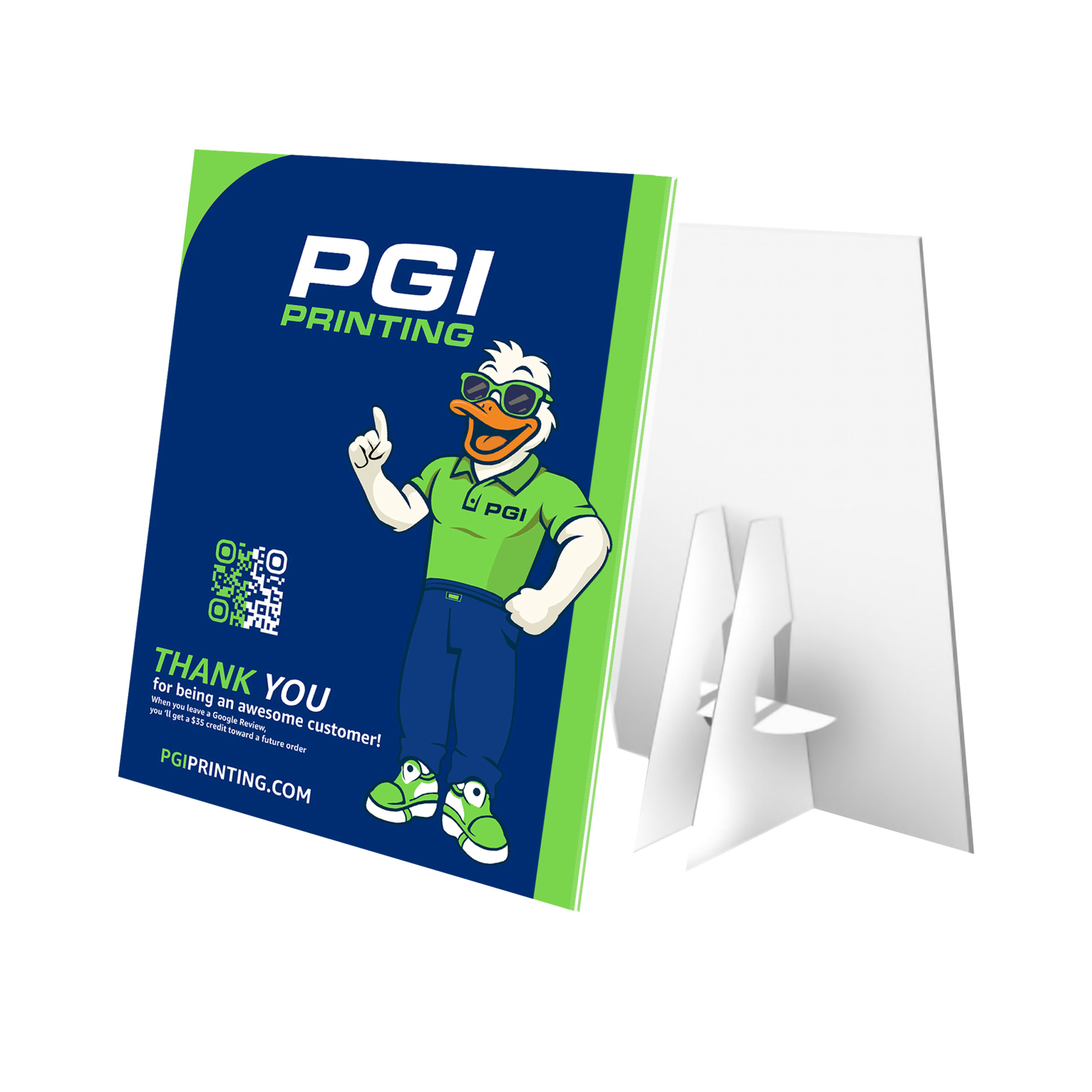 Custom printed counter card by PGI Printing, featuring company mascot, QR code, and “Thank You” message on a blue and green design with easel back.