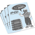 Stack of black-and-white printed flyers on light blue paper by PGI Printing, featuring cartoon mascot and “Found a Lower Price to Beat?” promotion.