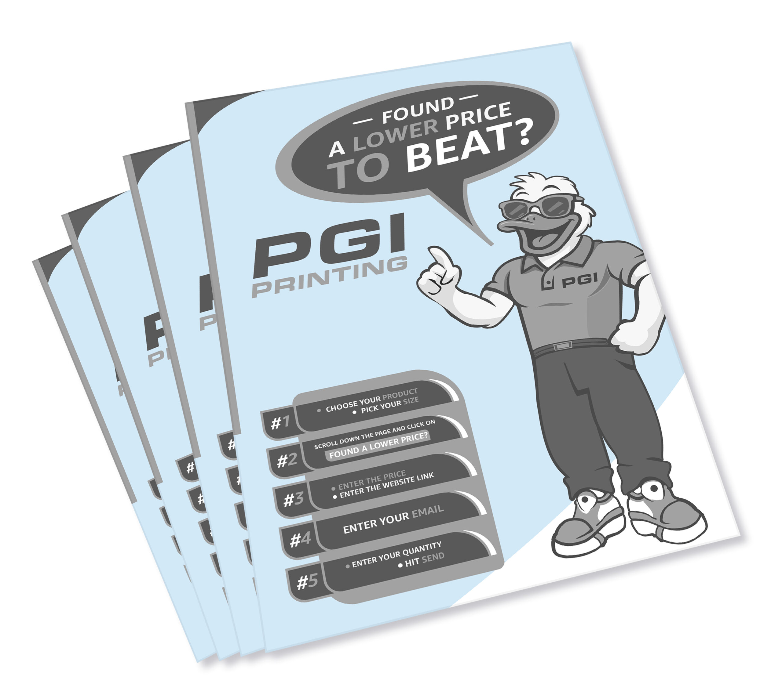 Stack of black-and-white printed flyers on light blue paper by PGI Printing, featuring cartoon mascot and “Found a Lower Price to Beat?” promotion.
