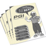 Black-and-white printed flyers on light yellow paper by PGI Printing, featuring cartoon mascot and “Found a Lower Price to Beat?” promotional design.