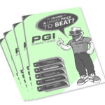 Black-and-white printed flyers on light green paper by PGI Printing, featuring promotional mascot and “Found a Lower Price to Beat?” headline.