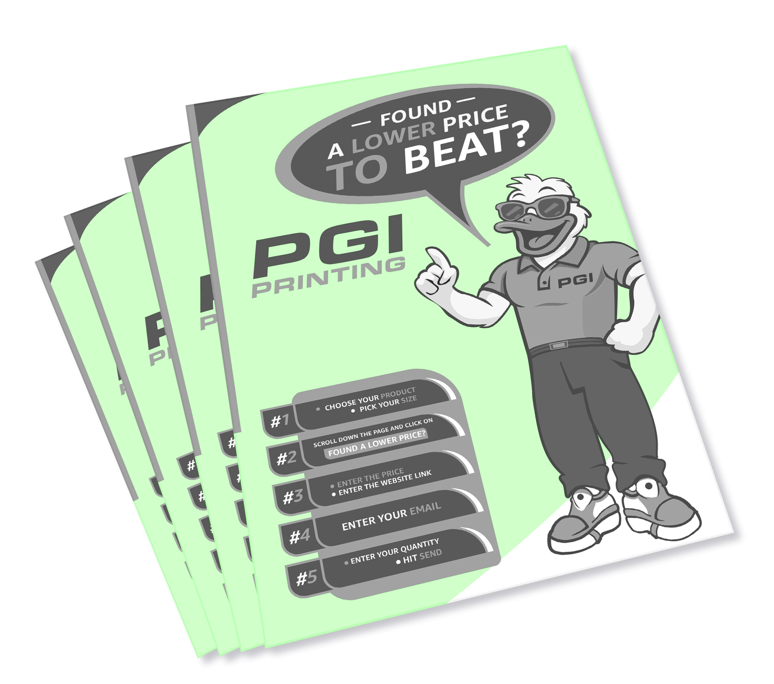 Black-and-white printed flyers on light green paper by PGI Printing, featuring promotional mascot and “Found a Lower Price to Beat?” headline.