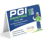 PGI Printing table tent encouraging Google reviews with QR code and $35 credit offer