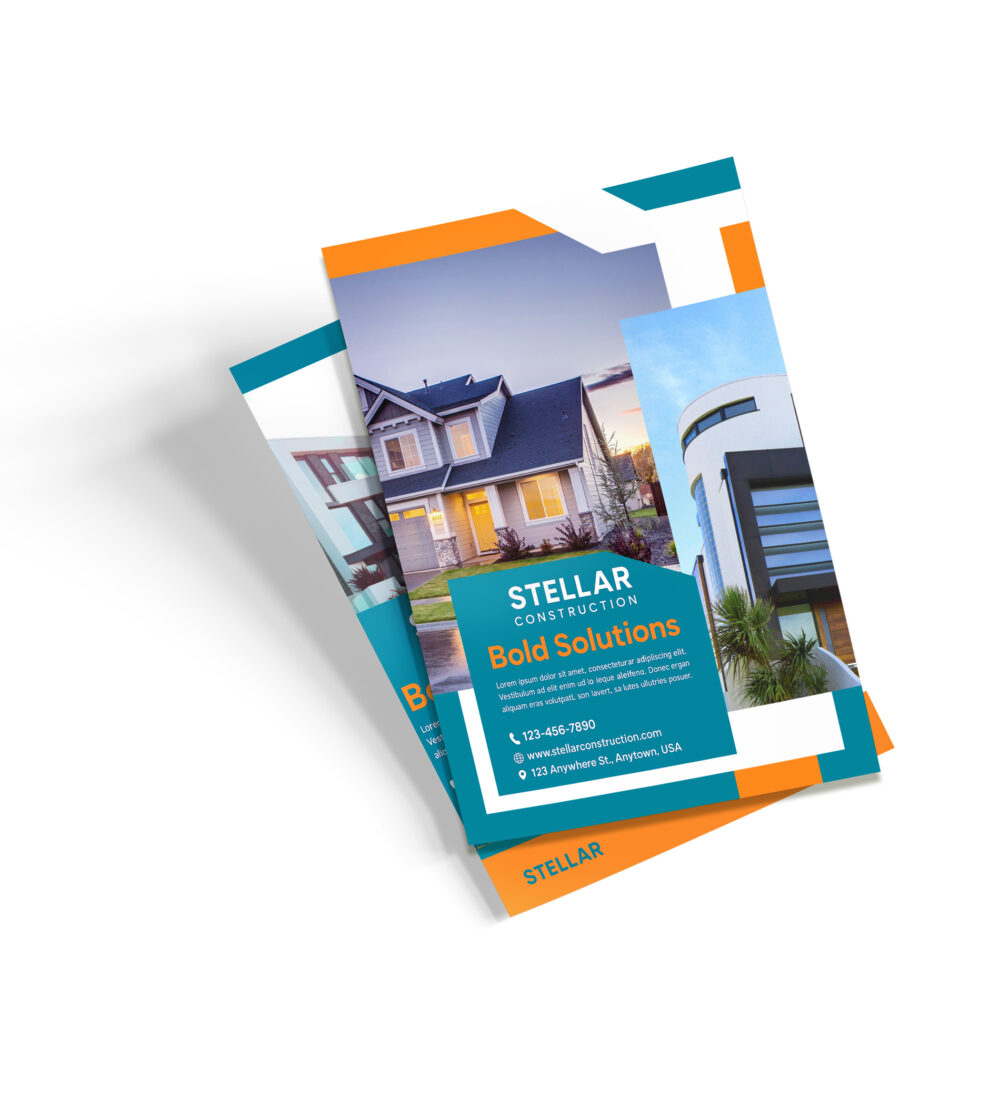 Custom full-color flyers printed by PGI Printing for Stellar Construction, featuring bold typography, high-quality real estate photography, and modern design.