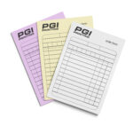 Custom carbonless NCR forms printed by PGI Printing in white, yellow, and pink copies, featuring professional order form layout and PGI Printing branding.