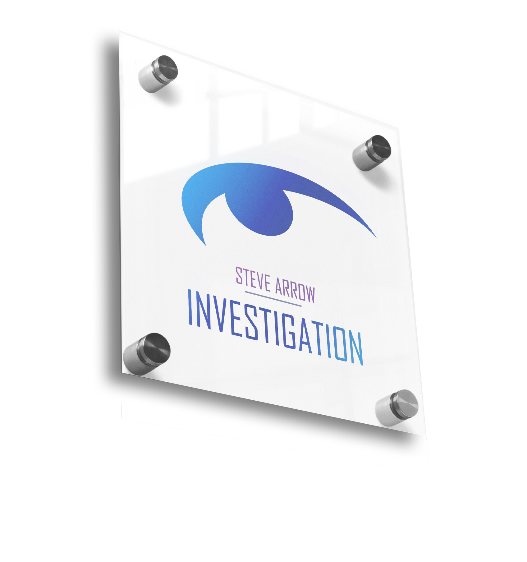 Clear acrylic business sign with standoff mounts featuring Steve Arrow Investigation logo, printed by PGI Printing in Massachusetts. Acrylic Signs.