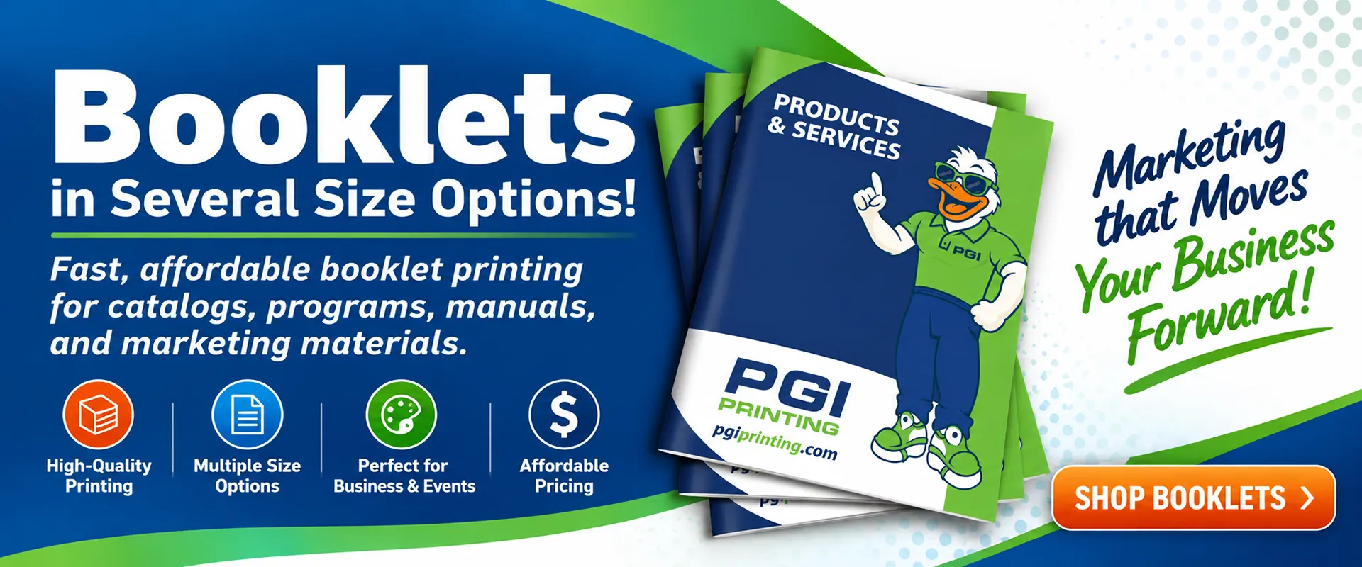Booklet printing in several sizes from PGI Printing for catalogs, programs, manuals and marketing materials.