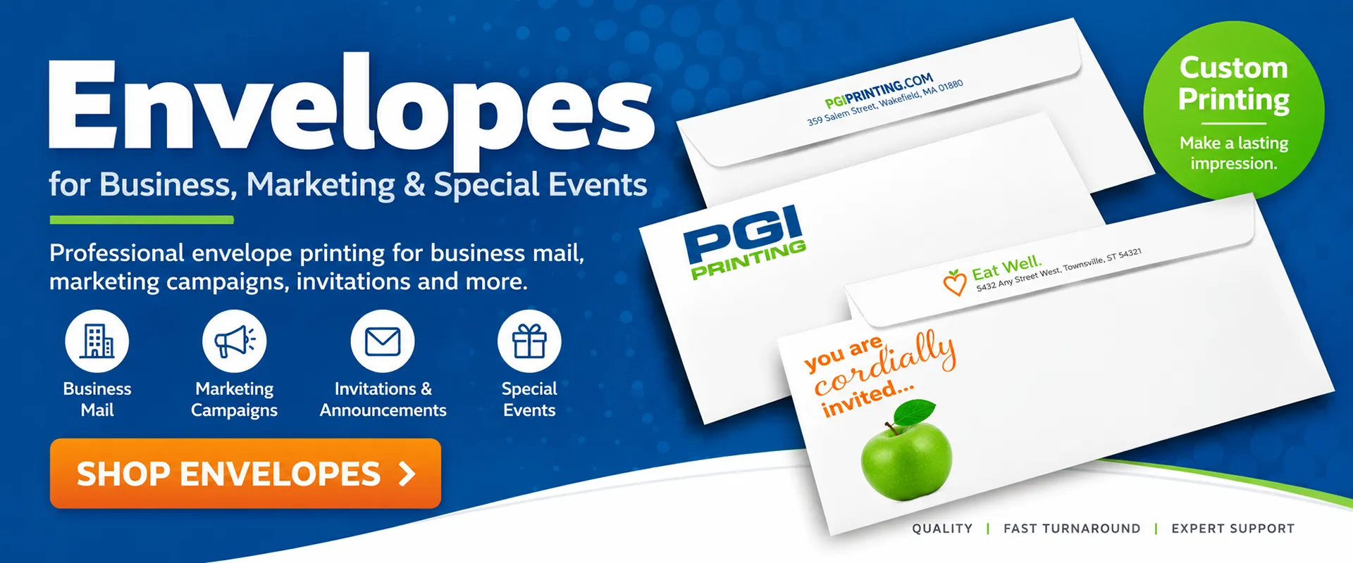 Custom envelope printing from PGI Printing for business mail, marketing campaigns, invitations, announcements and special events.