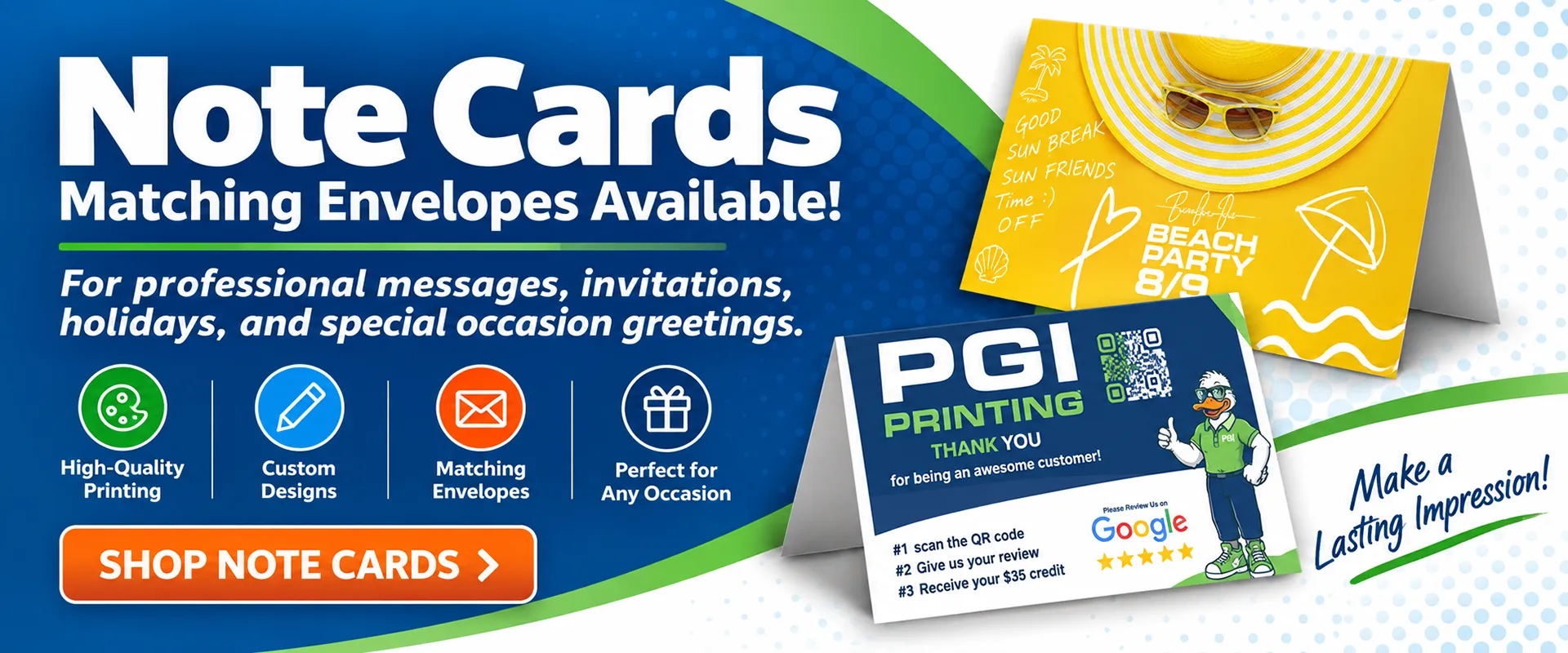 Custom note card printing from PGI Printing with matching envelopes for invitations, holidays, business messages and special occasions.