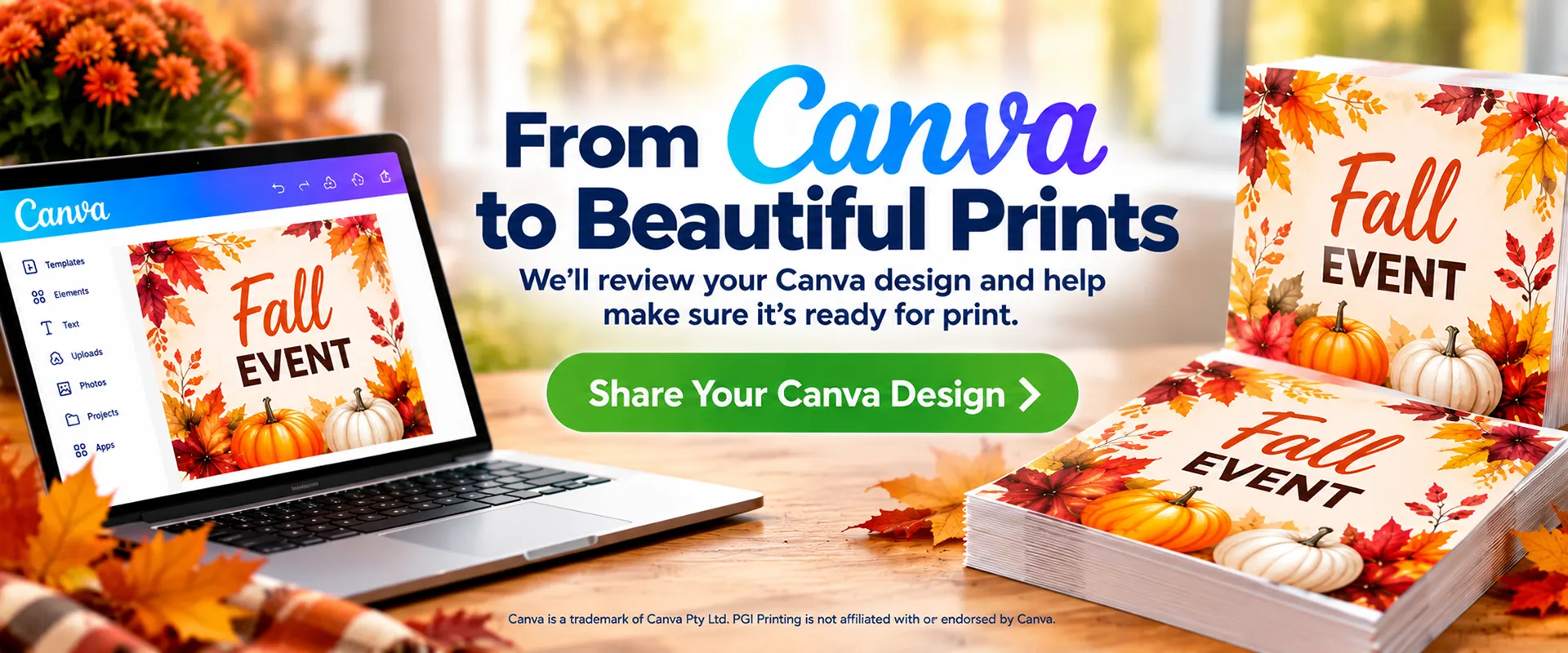 Canva design displayed on a laptop beside professionally printed fall event flyers from PGI Printing.
